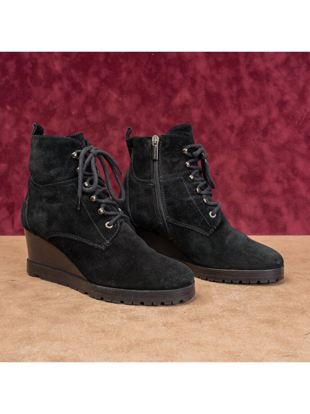 Aquatalia Women Black Suede Lace-up Zip Fashion Wedge Ankle Boots sz 9